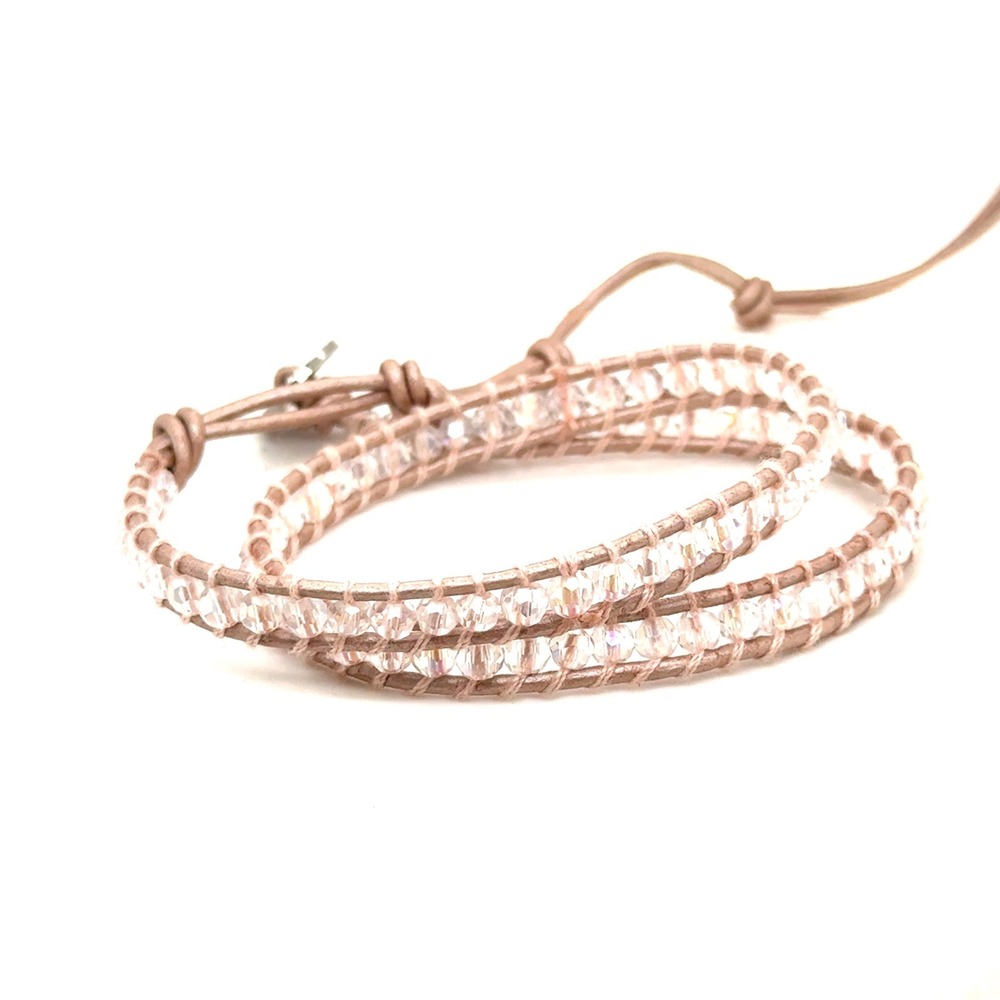Victoria Emerson Clear Crystal Double Wrap Leather Bracelet Tan Adjustable 16in